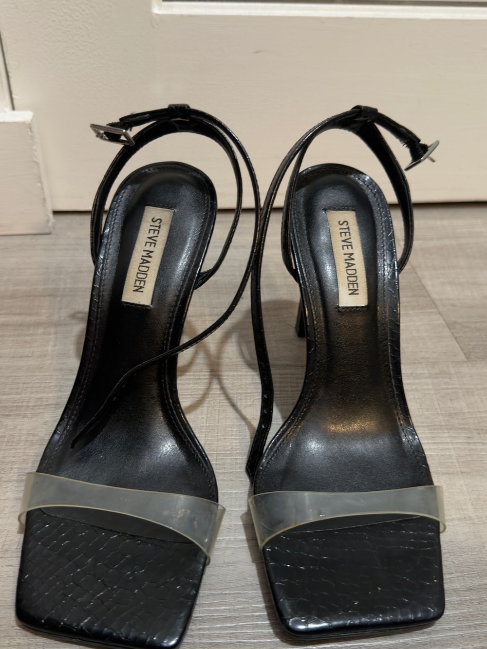 Steve Madden Black Square-Toe Ankle-Strap Heels with Clear Front Strap